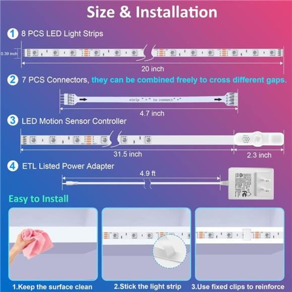8 PCS Motion Sensor RGB Under Cabinet Lights Kit, App and Remote Control Led - Picture 6 of 7